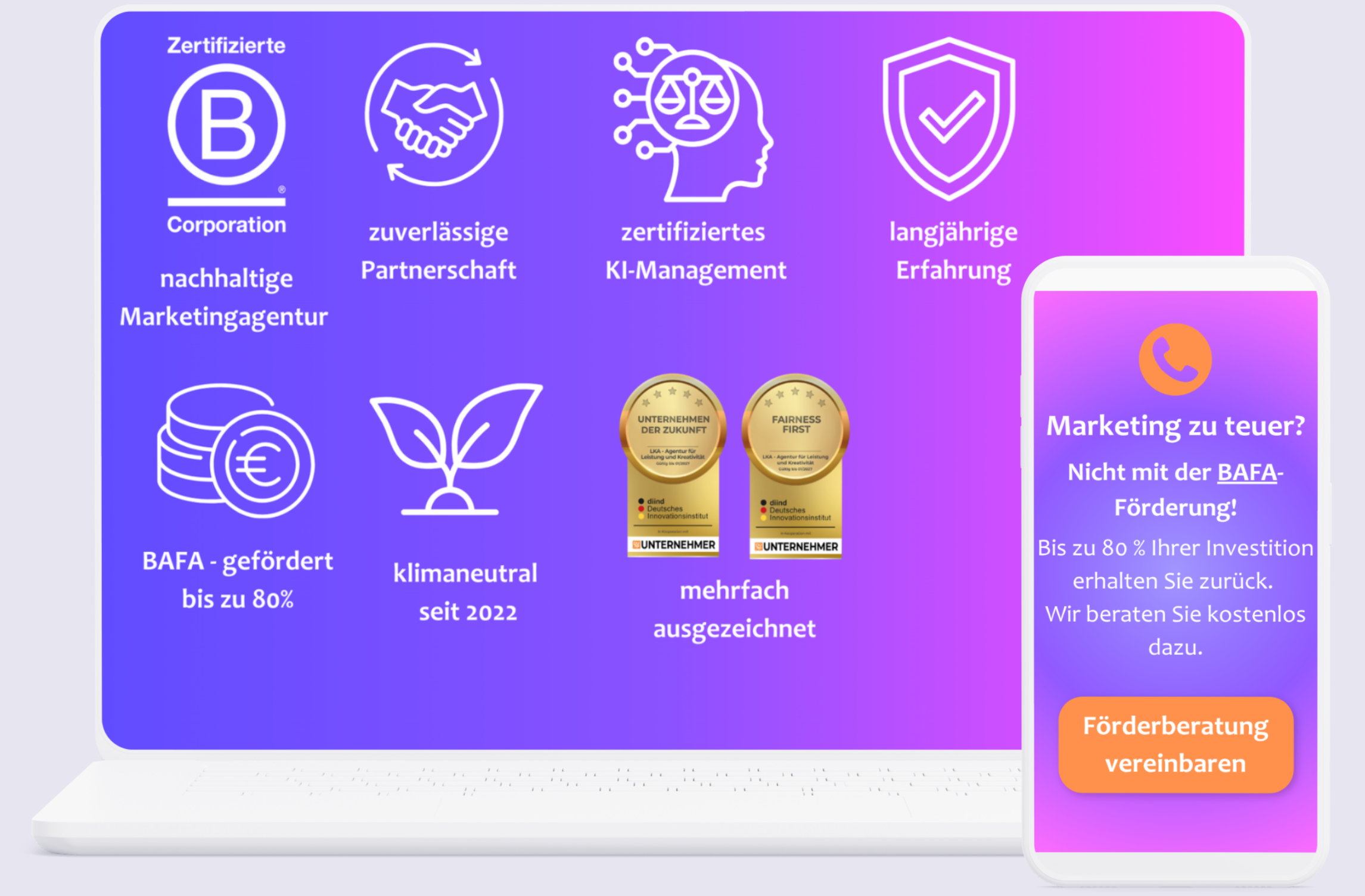 Grafik der zertifizierten Marketingagentur LKA mit Vorteilen wie BAFA-Förderung bis zu 80 %, klimaneutral seit 2022, zertifiziertem KI-Management, nachhaltiger B Corporation, langjähriger Erfahrung, mehrfacher Auszeichnung und kostenloser Förderberatung.